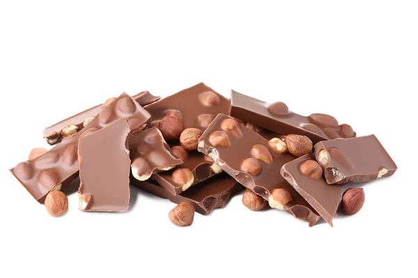 Morceaux Chocolat Aux Noisettes Isolés Sur Fond Blanc — Photo