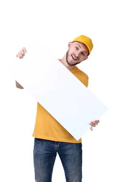 Entrega Homem Uniforme Amarelo Com Placa Branco Fundo Branco — Fotografia de Stock