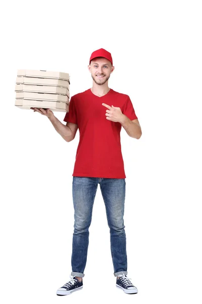 Leverans Mannen Med Pizza Vit Bakgrund — Stockfoto