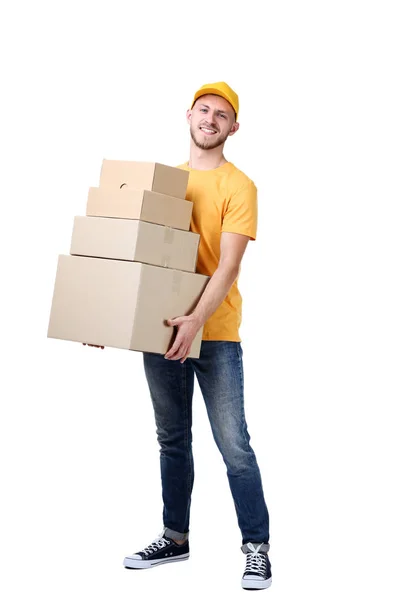 Delivery Man Κουτιά Από Χαρτόνι Λευκό Φόντο — Φωτογραφία Αρχείου