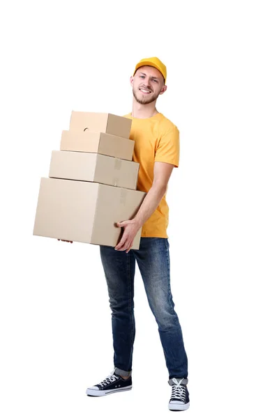 Entrega Hombre Con Cajas Cartón Sobre Fondo Blanco — Foto de Stock