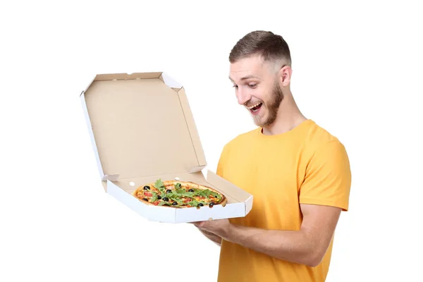 Jovem Com Pizza Caixa Papelão Sobre Fundo Branco — Fotografia de Stock