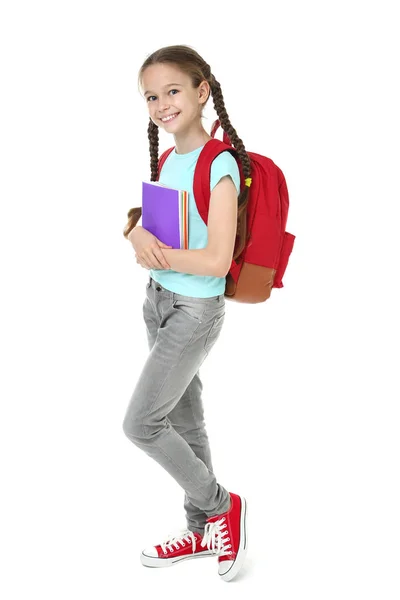Junges Mädchen Mit Rucksack Und Notizbüchern Auf Weißem Hintergrund — Stockfoto
