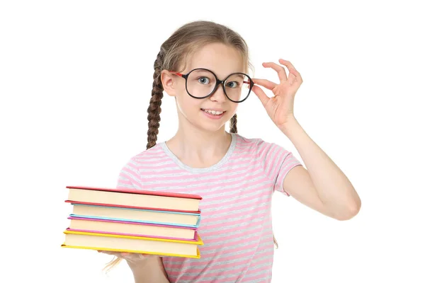 Junges Mädchen Mit Büchern Und Brille Auf Weißem Hintergrund — Stockfoto