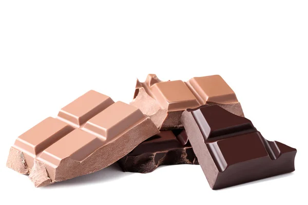 Pezzi Cioccolato Isolati Sfondo Bianco — Foto Stock