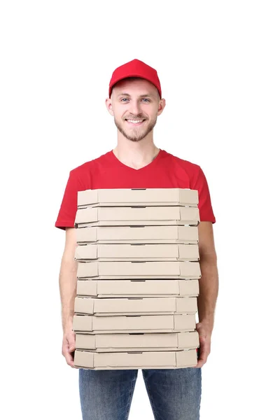 Leverans Mannen Med Pizza Vit Bakgrund — Stockfoto