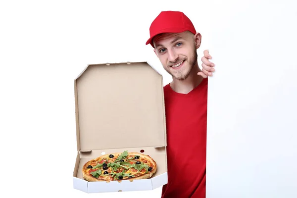 Człowiek Dostawy Pizzy Kartonie Deska — Zdjęcie stockowe