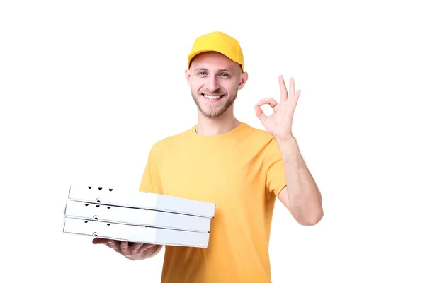 Entrega Homem Com Pizza Fundo Branco — Fotografia de Stock