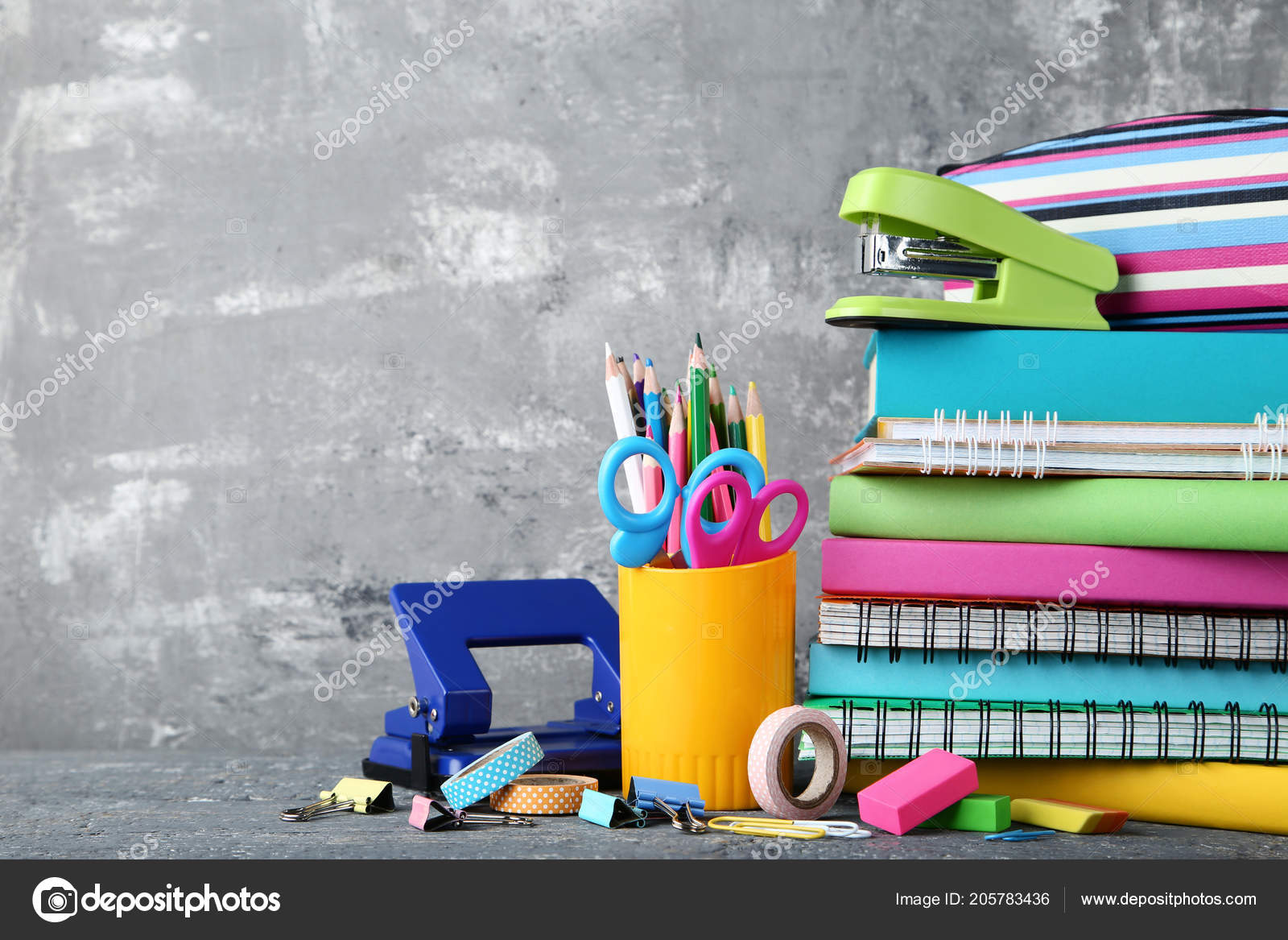School Supplies Books Notebooks Grey Background Stock Photo by ©5seconds  205783436