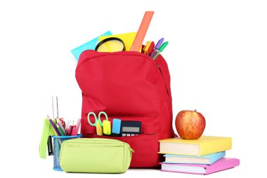 Red backpack with school supplies on white background clipart