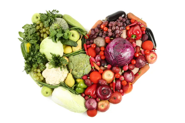 Fruits Légumes Mûrs Forme Cœur Sur Fond Blanc — Photo