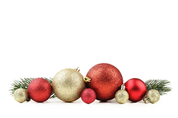 Boules Noël Avec Branche Sapin Isolée Sur Fond Blanc — Photo