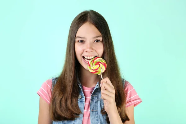 Młoda Dziewczyna Lollipop Tle Mięty — Zdjęcie stockowe