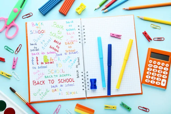 Inscrições Back School Com Material Escolar — Fotografia de Stock