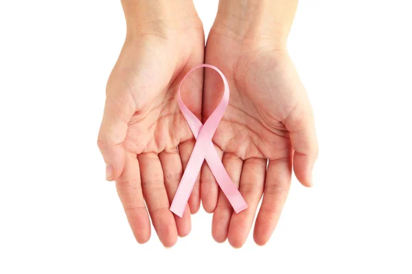 Vrouwelijke Handen Met Roze Lint Geneeskunde Concept — Stockfoto