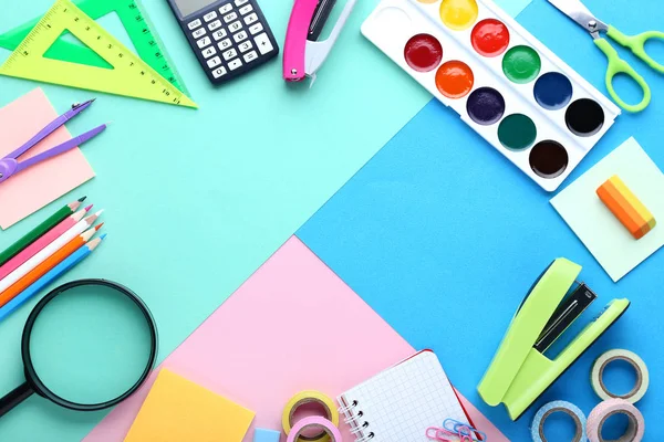 Schoolbenodigdheden Kleurrijke Achtergrond — Stockfoto