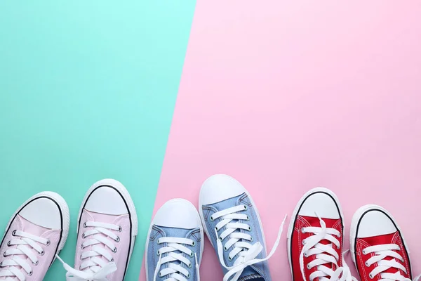 Different Colorful Sneakers Colorful Background — Stock Photo, Image