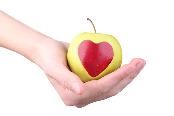 Female Hands Holding Apple Cutout Heart Shape White Background — Stock Photo, Image