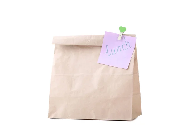 Saco Papel Com Almoço Escolar Fundo Branco — Fotografia de Stock