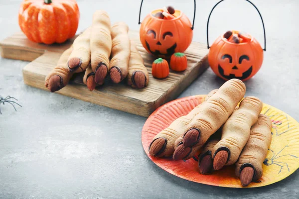 Halloween Finger Cookies Plate Candies Grey Wooden Table — Stock Photo, Image