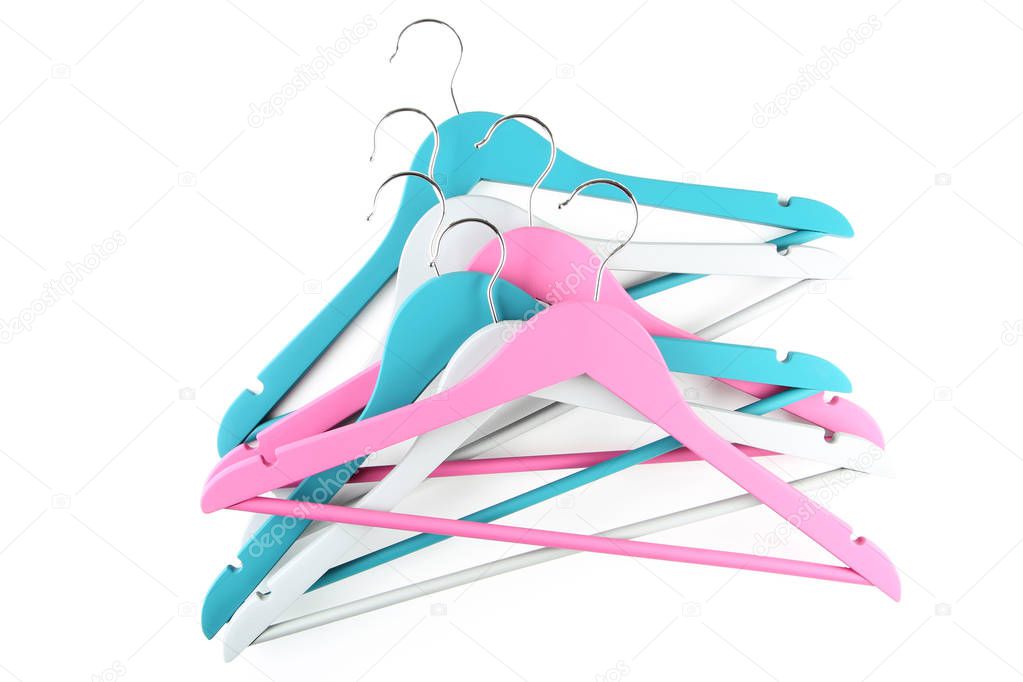 Colorful wooden hangers isolated on white background