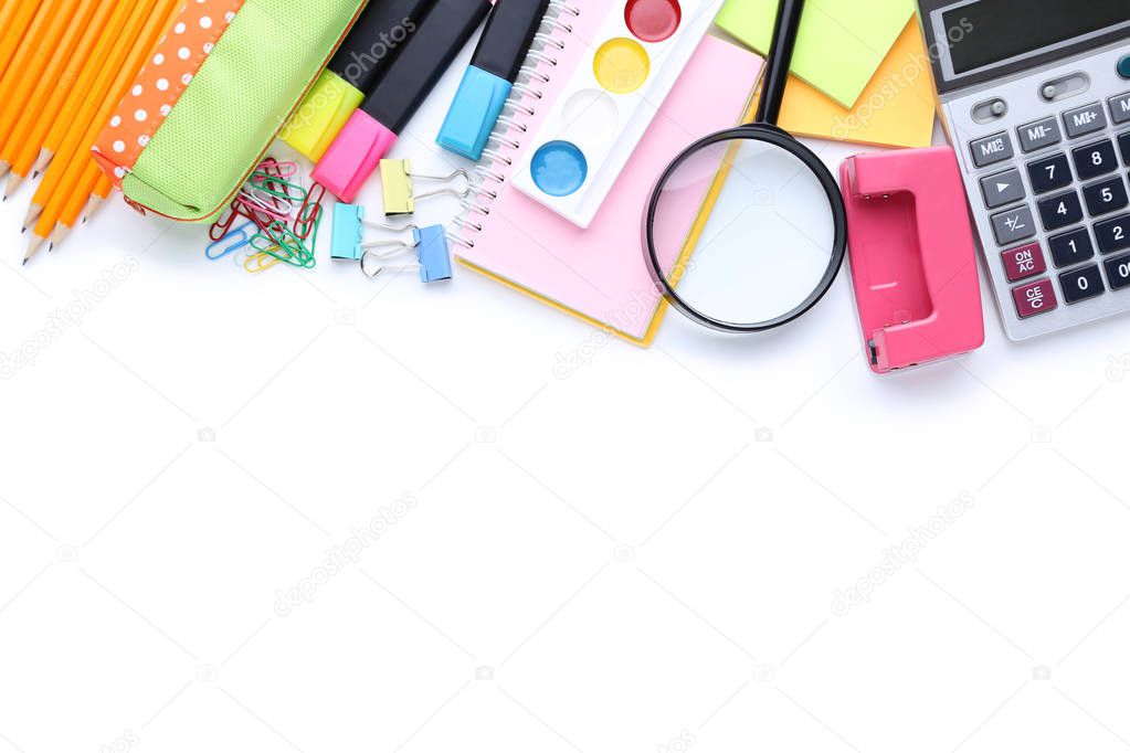 School supplies on white background, close up