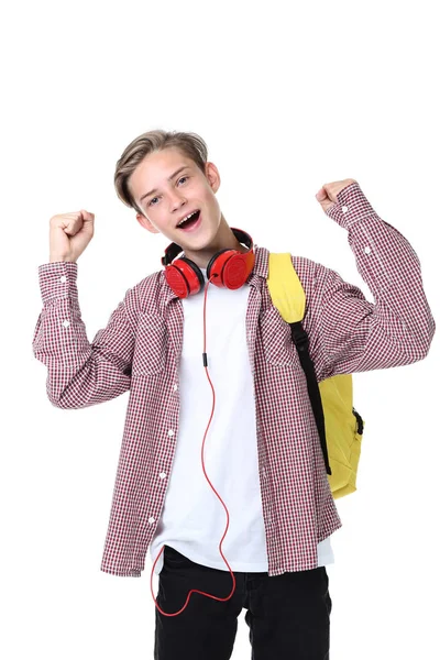 Niño Con Mochila Auriculares Levantados Puños Sobre Fondo Blanco — Foto de Stock