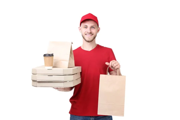 Entrega Homem Segurando Caixas Papelão Com Pizza Italiana Sacos Papel — Fotografia de Stock