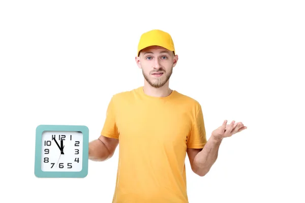 Entrega Hombre Uniforme Amarillo Con Reloj Posando Aislado Sobre Fondo —  Fotos de Stock