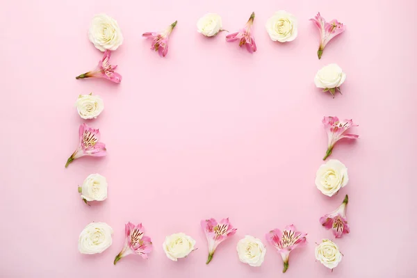 Alstroemeria Rose Flowers Shape Frame Pink Background — Stock Photo, Image