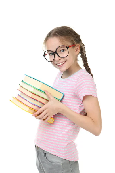 Felice Sorridente Bambina Che Tiene Libri Isolati Sfondo Bianco — Foto Stock