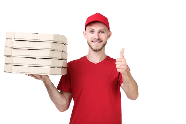 Leverans Man Hålla Kartonger Med Italiensk Pizza Och Visar Tummen — Stockfoto