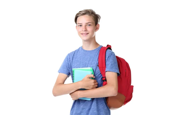 Young Boy Backpack Notebooks Looking Camera Posing Isolated White Background — Stock Photo, Image