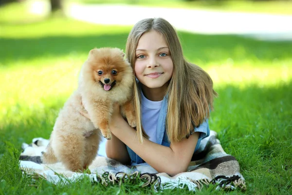 Junges Mädchen Mit Pommernhund Liegt Auf Gras Park — Stockfoto