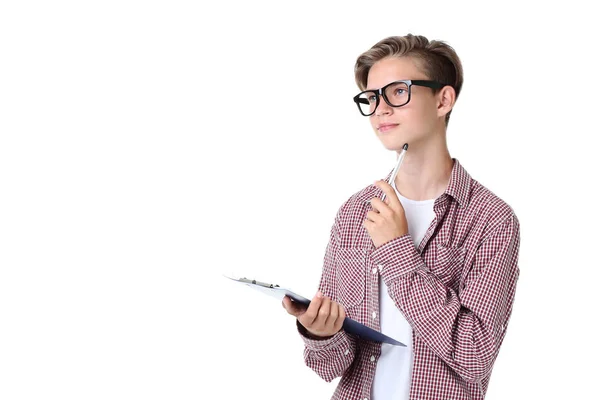 Pensive Teenager Boy Holding Clipboard Pen Isolated White Background — Stock Photo, Image