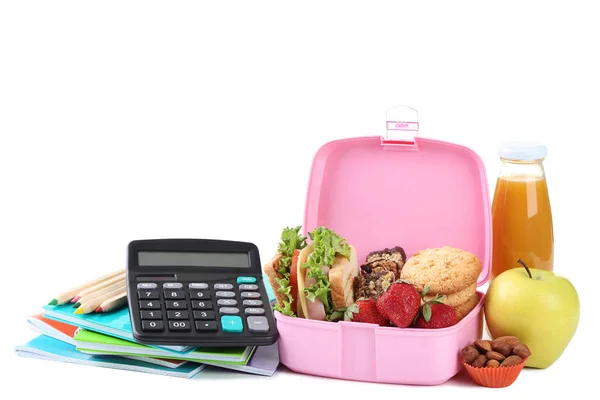 Schulessenbox Mit Sandwich Und Notizbüchern Auf Weißem Hintergrund — Stockfoto