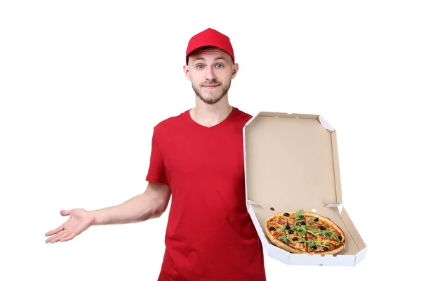 Entrega Homem Segurando Pizza Caixa Papelão Isolado Fundo Branco — Fotografia de Stock