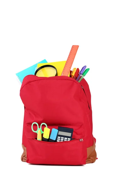 Красный Рюкзак Школьными Принадлежностями Белом Фоне — стоковое фото