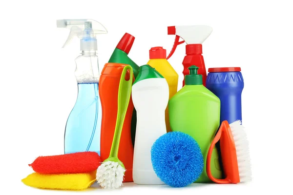 Bottles Detergent Cleaning Tools White Background — Stock Photo, Image