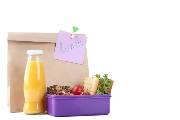 Almuerzo Escolar Con Bolsa Papel Sobre Fondo Blanco — Foto de Stock