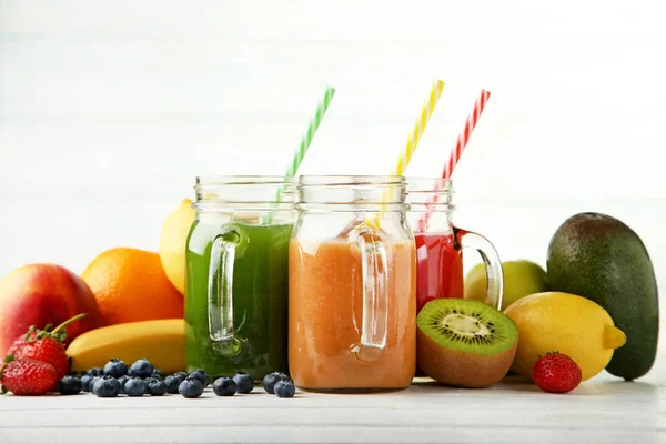 Sweet Smoothie Glass Jars Fruits White Wooden Table — Stock Photo, Image