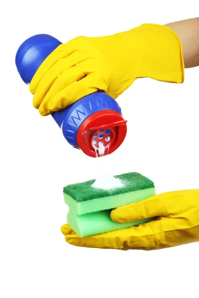 Mãos Femininas Segurando Garrafa Com Detergente Esponja Fundo Branco — Fotografia de Stock