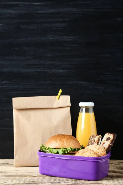 School Lunch Paper Bag Blackboard Background — Stock Photo, Image