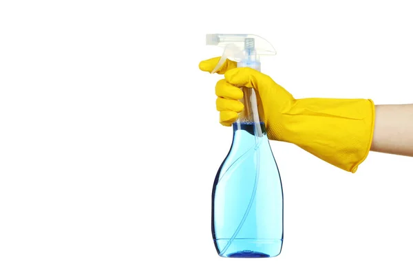 Weibliche Hand Hält Spray Mit Waschmittel Auf Weißem Hintergrund — Stockfoto