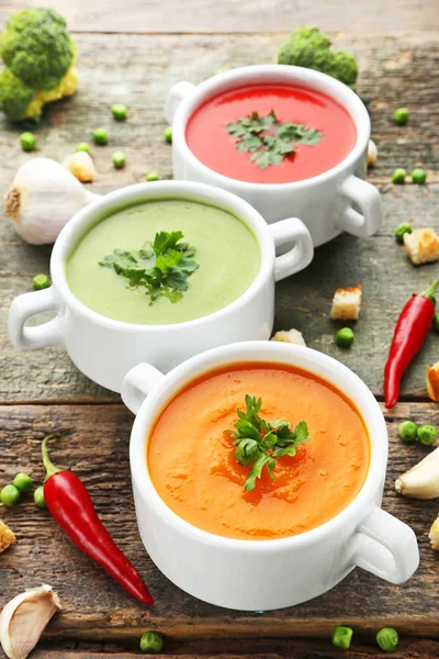 Soupe Crème Légumes Persil Sur Table Bois Gris — Photo