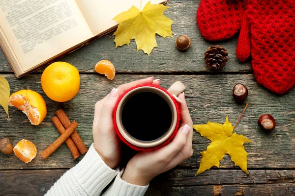 Female Hands Holding Cup Coffee Book Mandarin Red Gloves — Stock Photo, Image