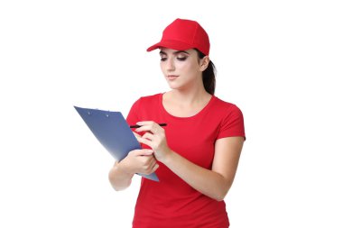 Beyaz arka planda pano kadınla teslim