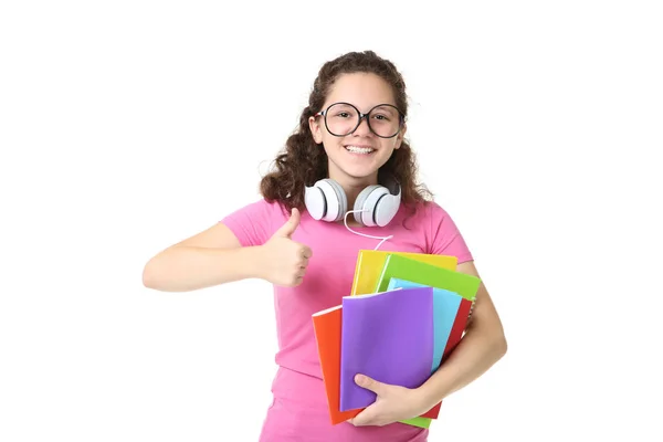 Jeune Fille Avec Des Ordinateurs Portables Écouteurs Sur Fond Blanc — Photo