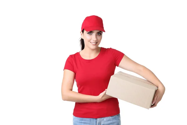 Delivery Woman Cardboard Box White Background — Stock Photo, Image