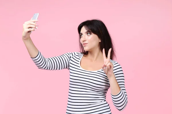 Young Woman Making Selfie Pink Background — Stock Photo, Image